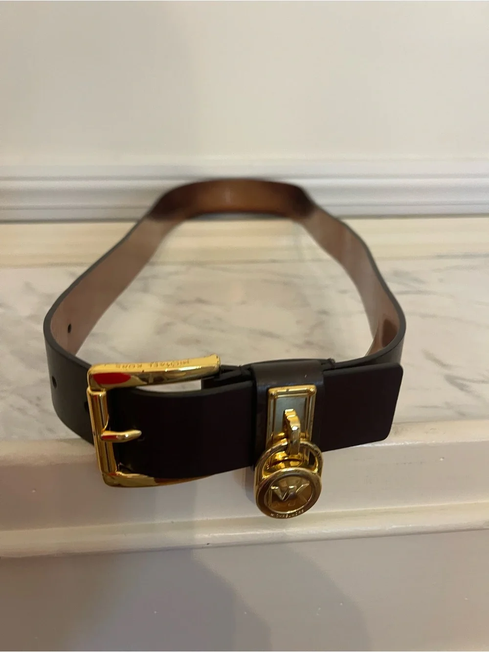Michael Kors Dark Brown Leather Belt with Gold Charm Buckle